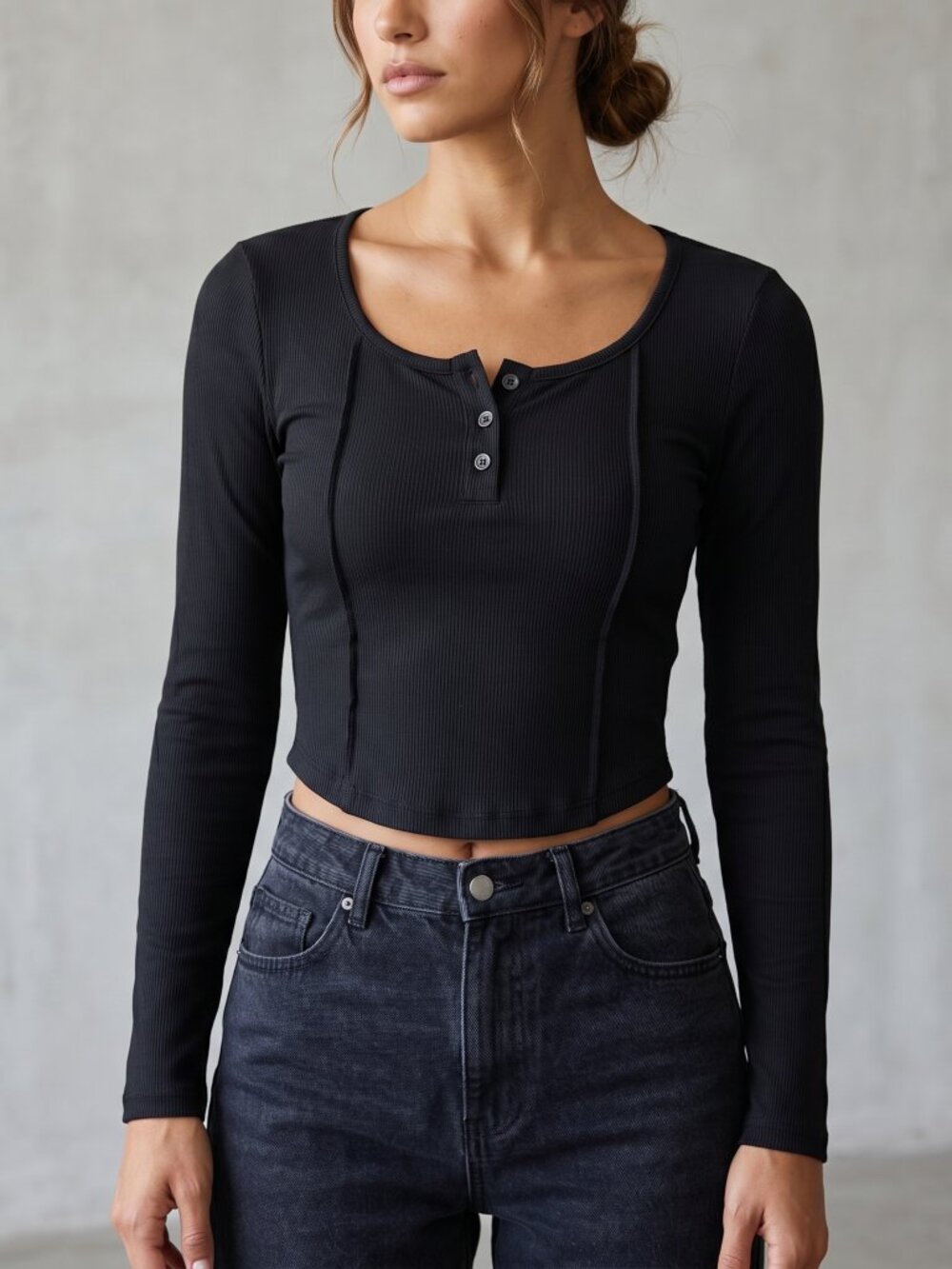 NWT | EGOCKAL Long Sleeve Ribbed Henley Top | Button Neck | Black | Large